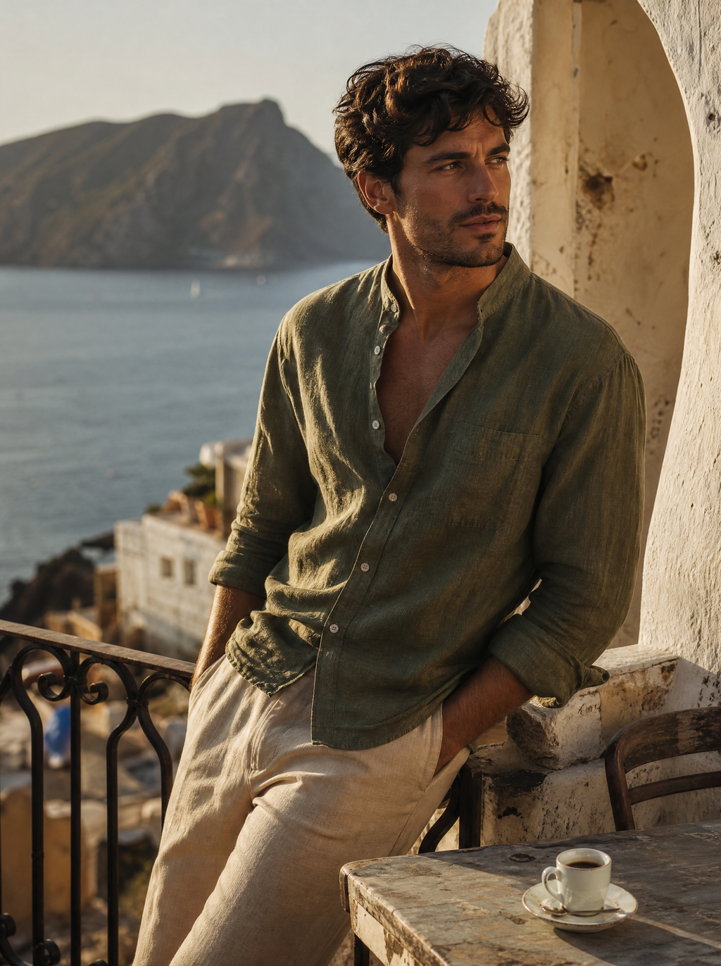 The Lipari Shirt in olive worn by model on a stone terrace overlooking the Aeolian Sea, Lipari
