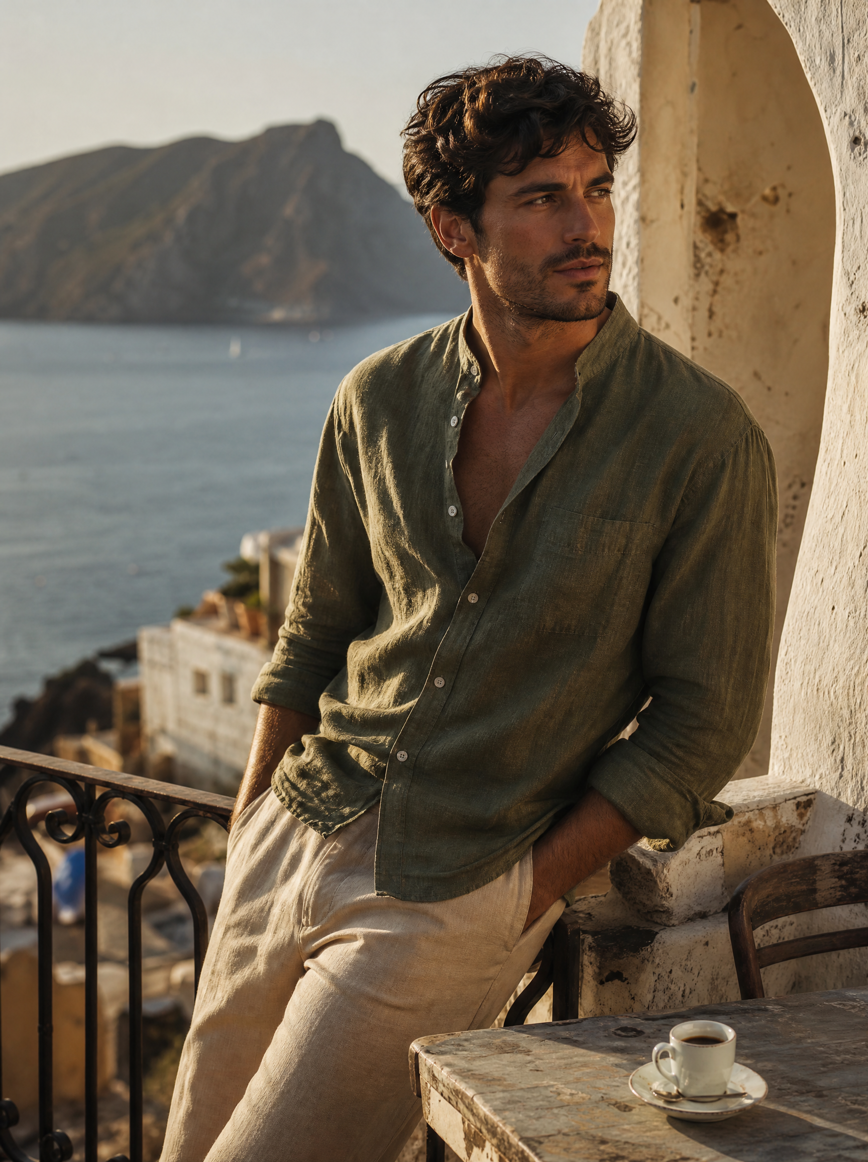 The Lipari Shirt in olive worn by model on a stone terrace overlooking the Aeolian Sea, Lipari