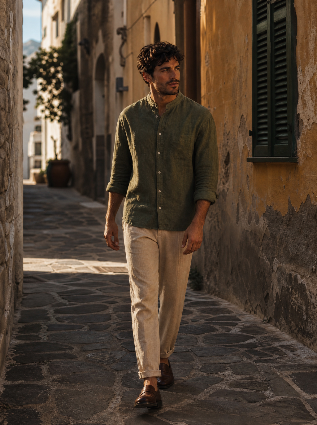 The Lipari Shirt in olive worn by model walking through a stone alley in Lipari town