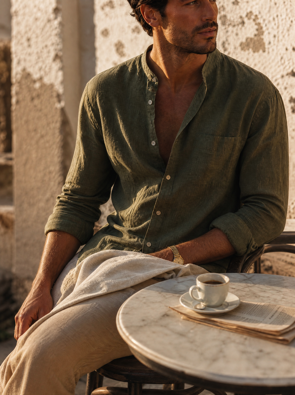 The Lipari Shirt in olive worn by model seated at a marble cafe table