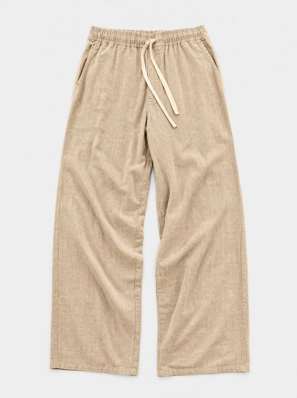 The Bastia Trouser — sand linen-cotton wide-leg drawstring trouser, front view