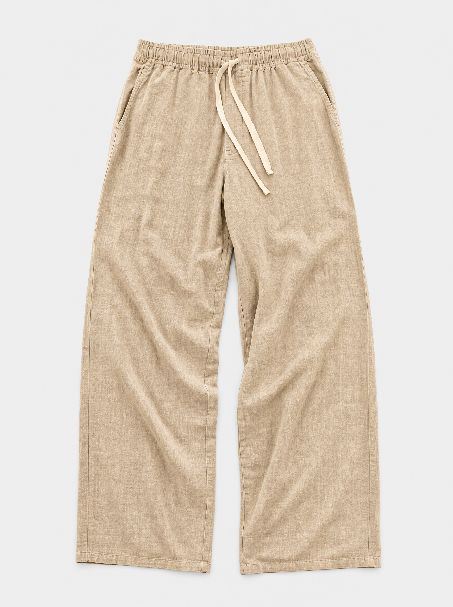 The Bastia Trouser — sand linen-cotton wide-leg drawstring trouser, front view