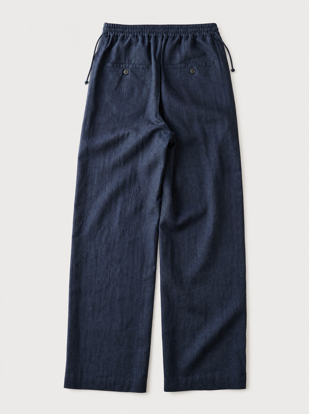 The Bastia Trouser — navy linen-cotton wide-leg drawstring trouser, back view