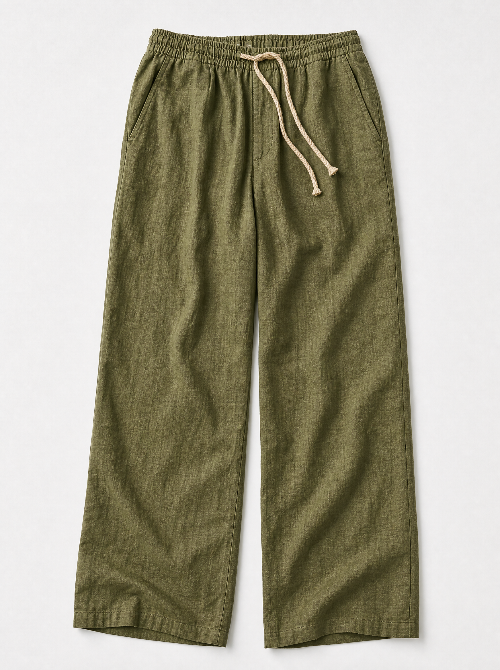 The Bastia Trouser — olive linen-cotton wide-leg drawstring trouser, front view