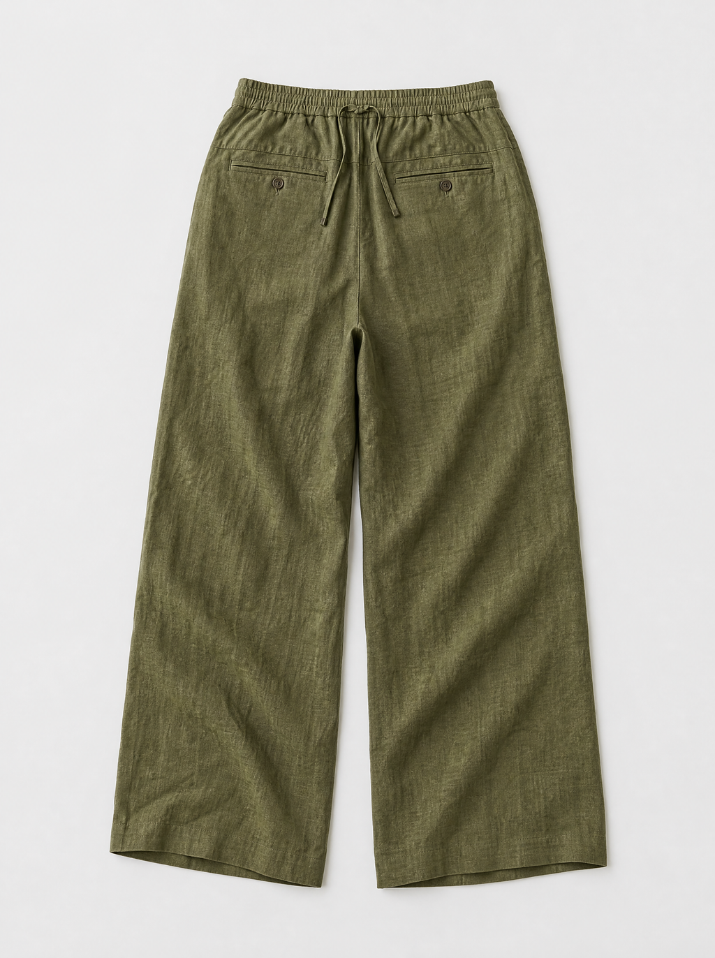 The Bastia Trouser — olive linen-cotton wide-leg drawstring trouser, back view