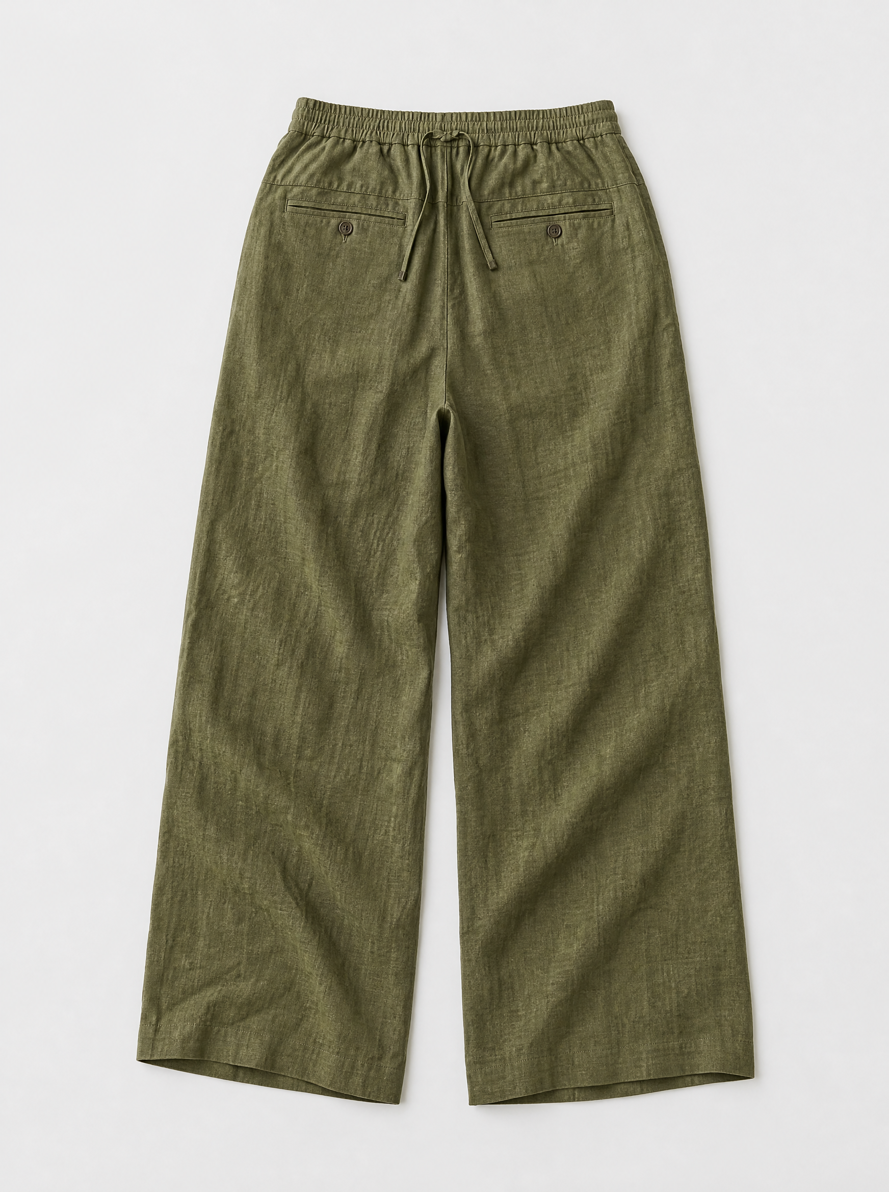 The Bastia Trouser — olive linen-cotton wide-leg drawstring trouser, back view