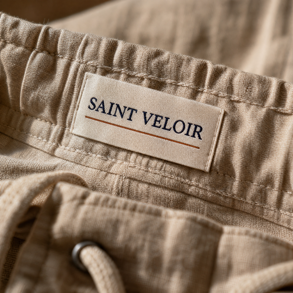 Saint Veloir woven label inside the waistband of The Bastia Trouser