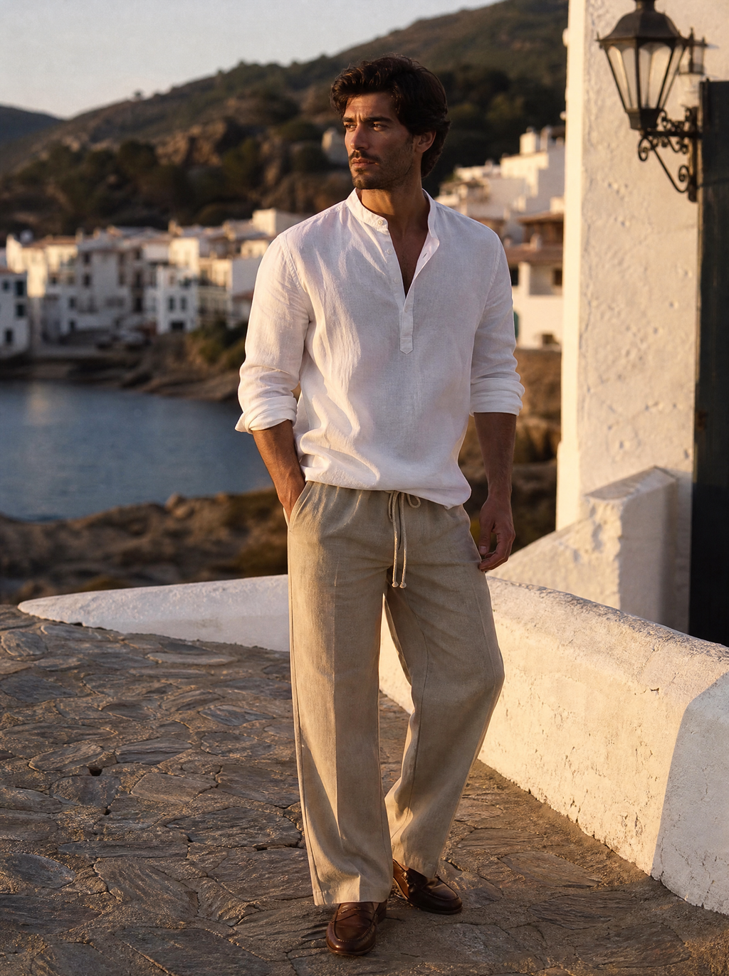 The Bastia Trouser in sand worn by model on a sun-drenched stone terrace in Cadaqués