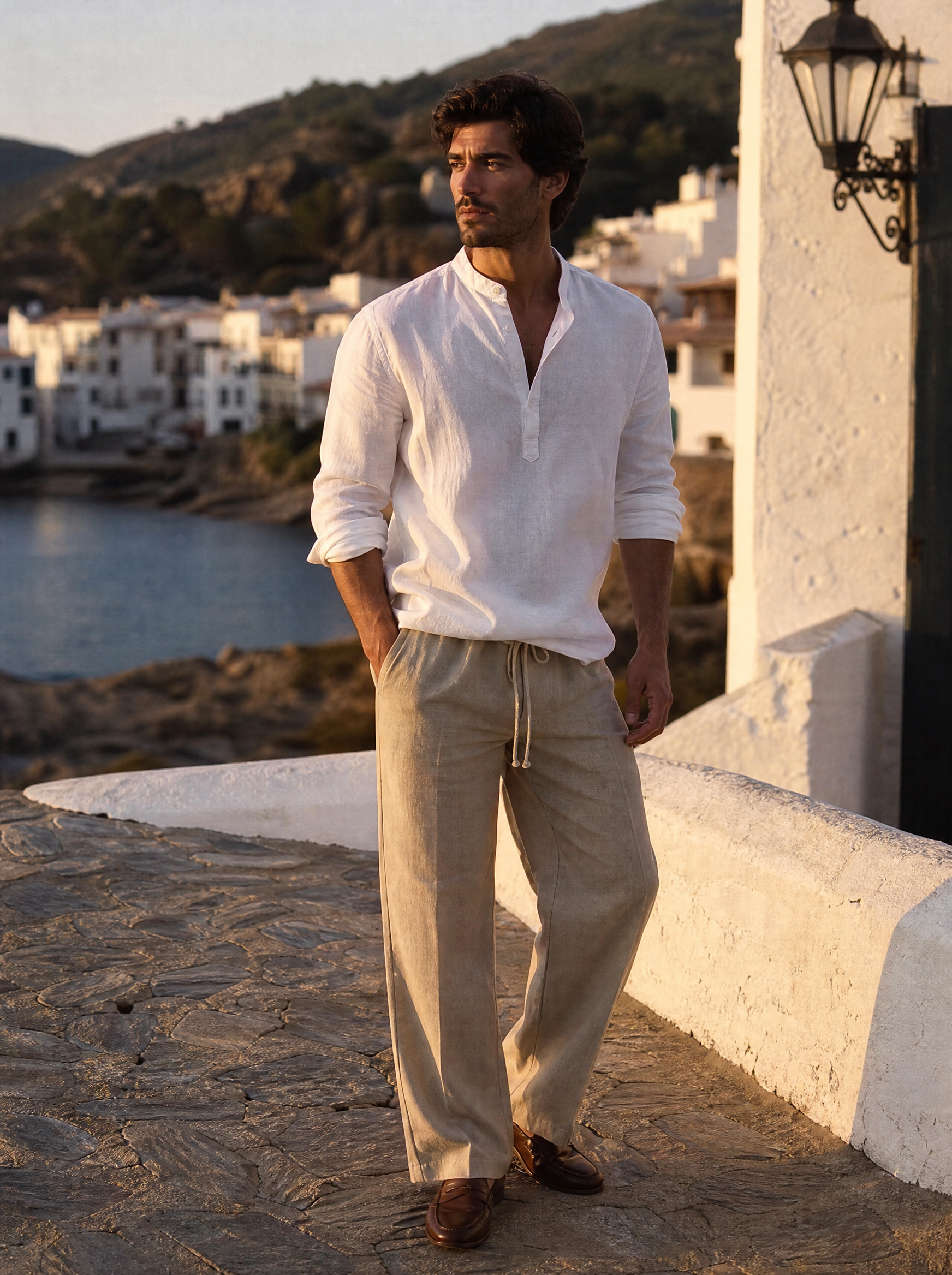 The Bastia Trouser in sand worn by model on a sun-drenched stone terrace in Cadaqués