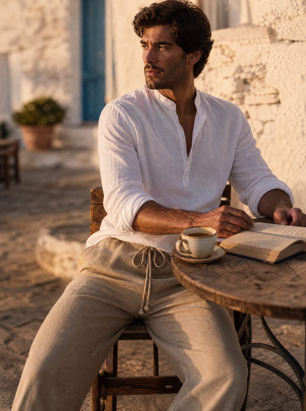 The Bastia Trouser worn by model seated at a sunlit cafe table in Cadaqués