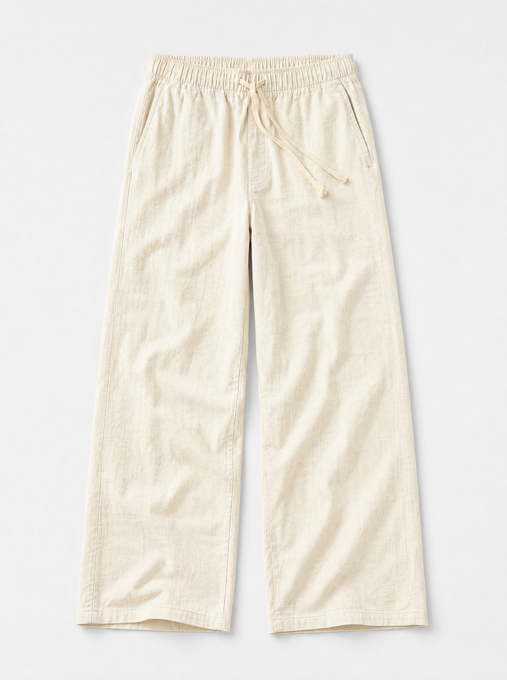 The Procida Pant — ivory cotton-hemp wide-leg drawstring beach pant, front view
