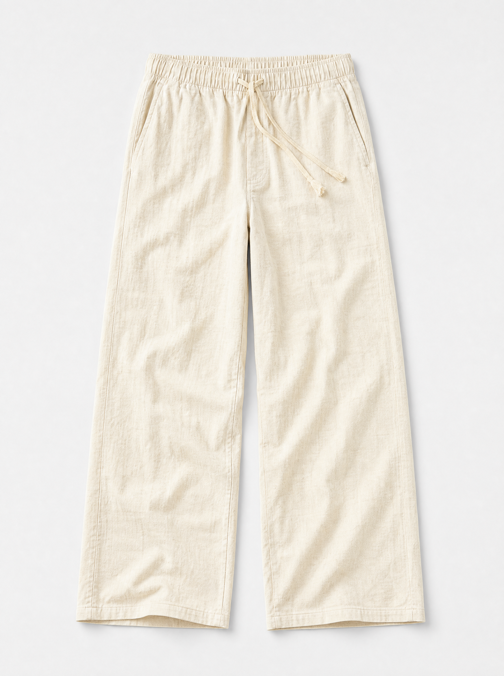 The Procida Pant — ivory cotton-hemp wide-leg drawstring beach pant, front view