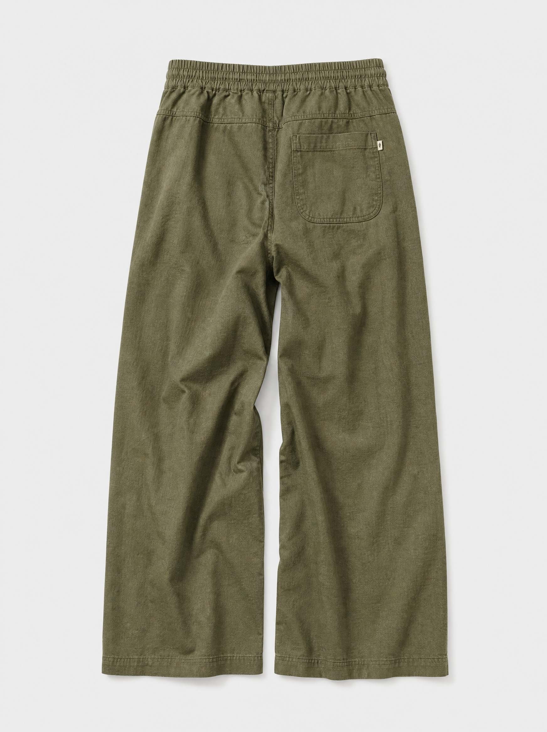 The Procida Pant — olive cotton-hemp wide-leg drawstring beach pant, back view