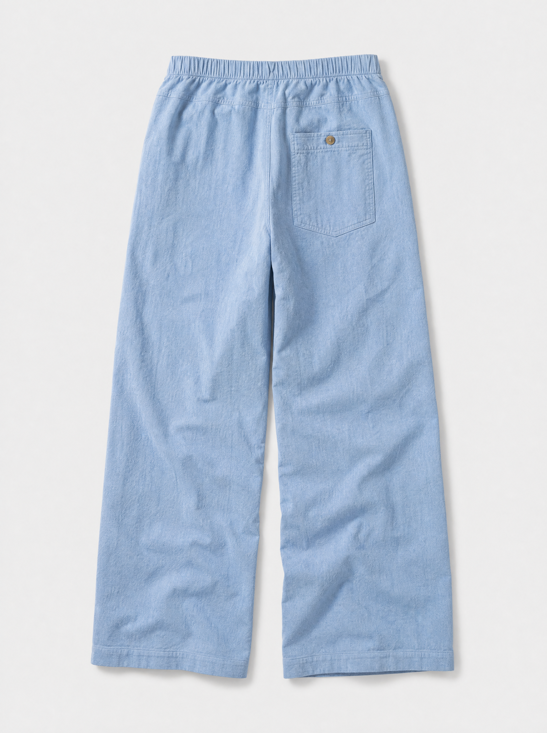 The Procida Pant — sky blue cotton-hemp wide-leg drawstring beach pant, back view