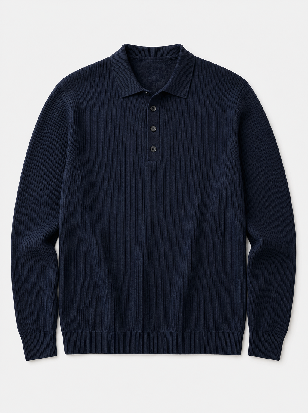 The Trani Polo — navy ribbed knit cotton long-sleeve polo, front view