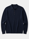 The Trani Polo — navy ribbed knit cotton long-sleeve polo, front view