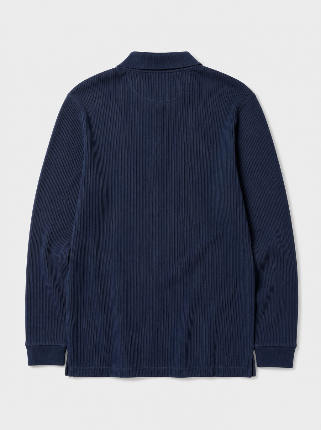 The Trani Polo — navy ribbed knit cotton long-sleeve polo, back view