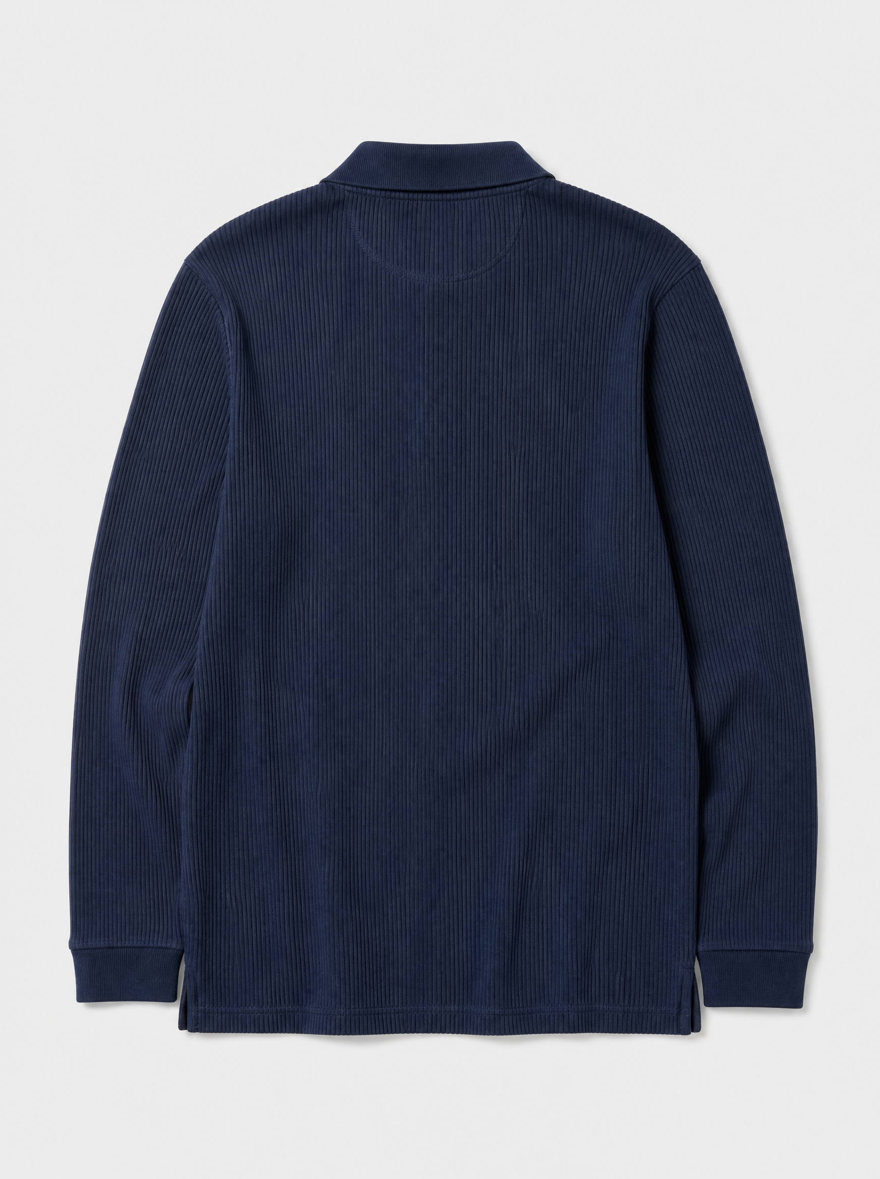 The Trani Polo — navy ribbed knit cotton long-sleeve polo, back view