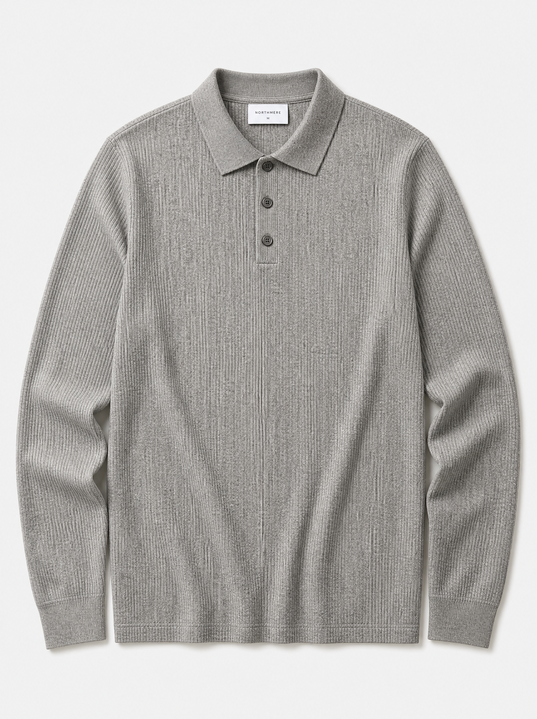 The Trani Polo — heather grey ribbed knit cotton long-sleeve polo, front view