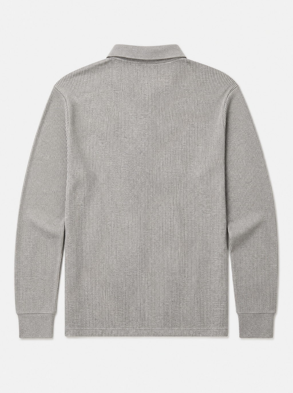 The Trani Polo — heather grey ribbed knit cotton long-sleeve polo, back view
