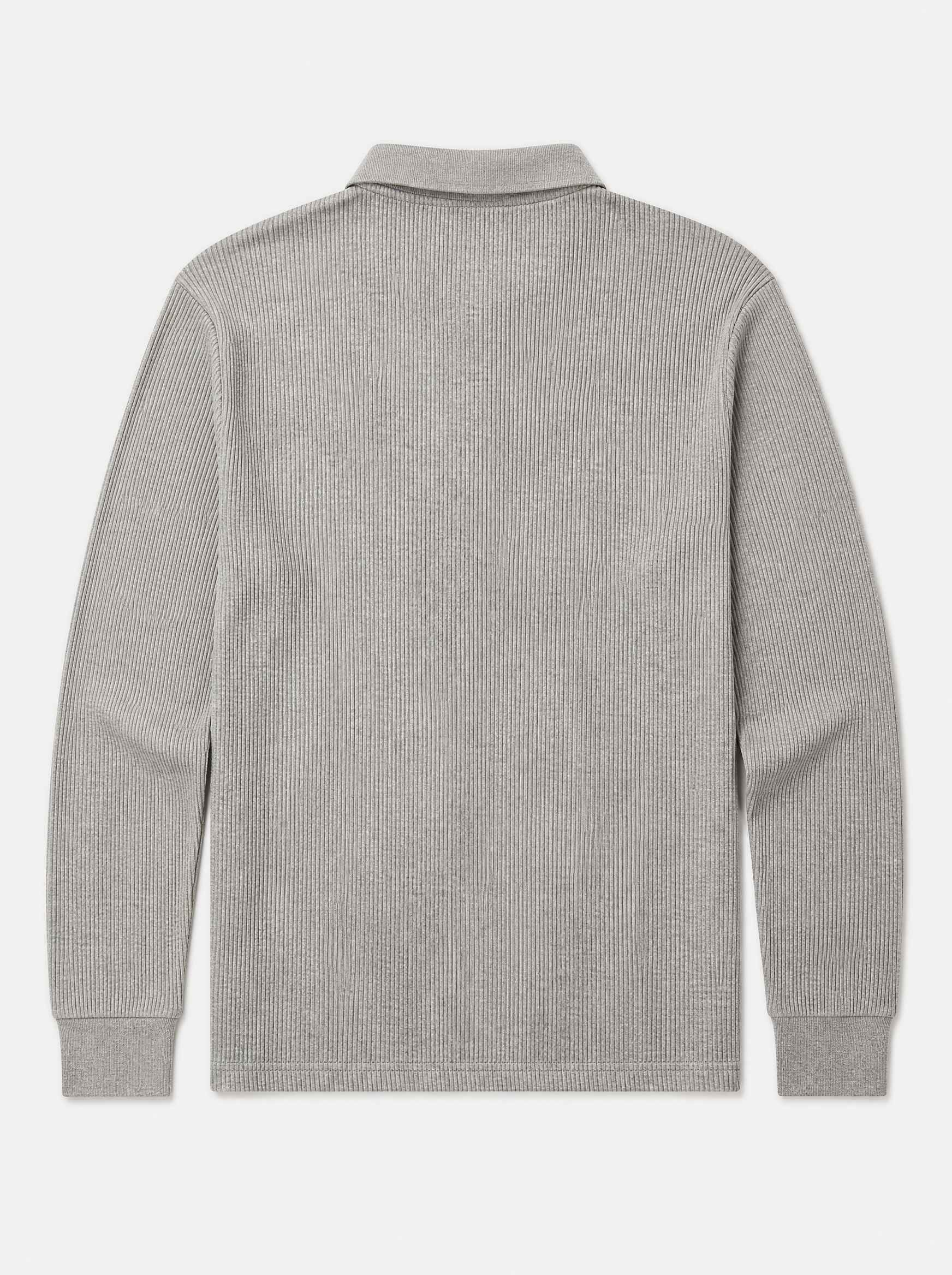 The Trani Polo — heather grey ribbed knit cotton long-sleeve polo, back view
