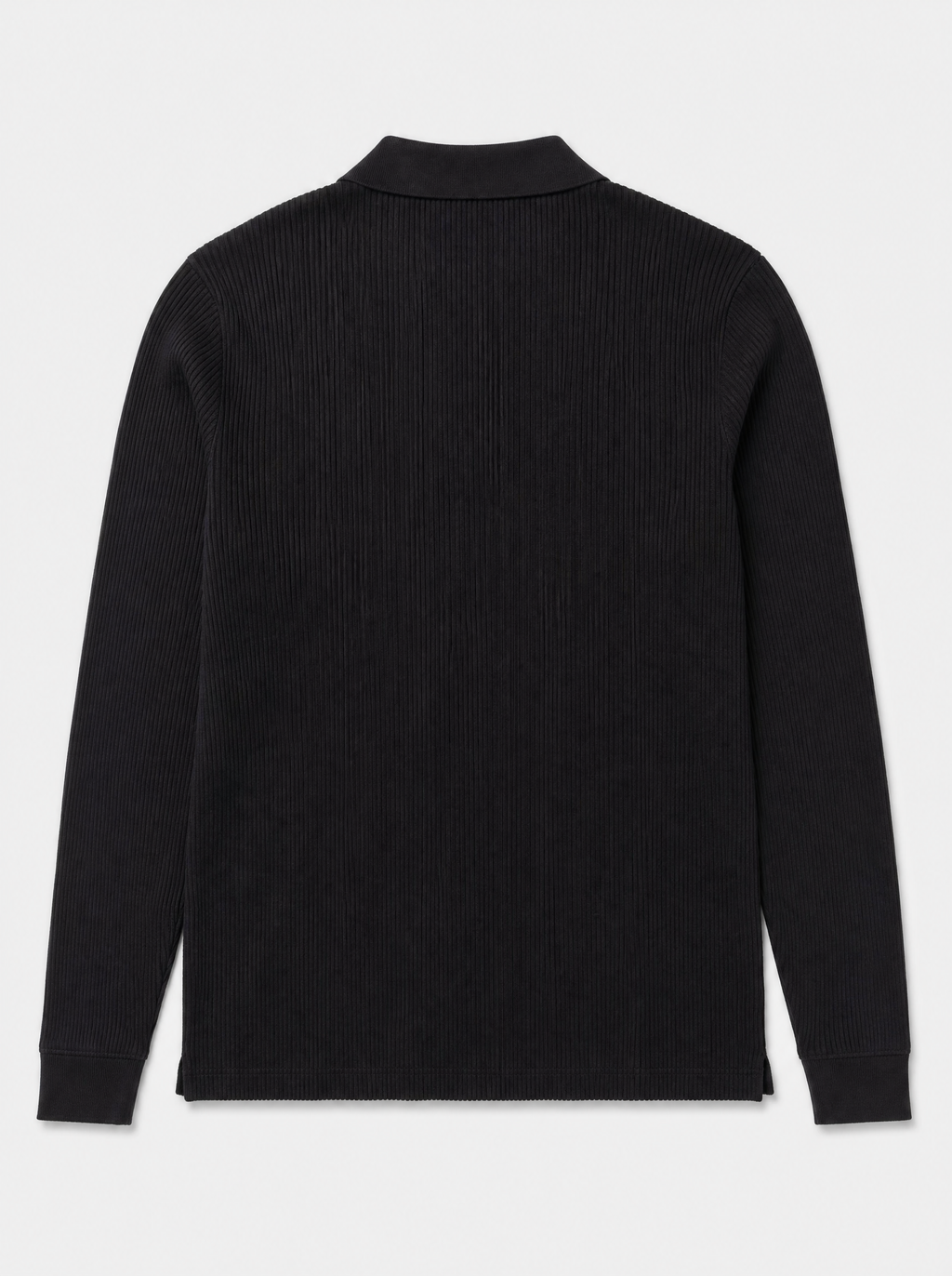 The Trani Polo — black ribbed knit cotton long-sleeve polo, back view