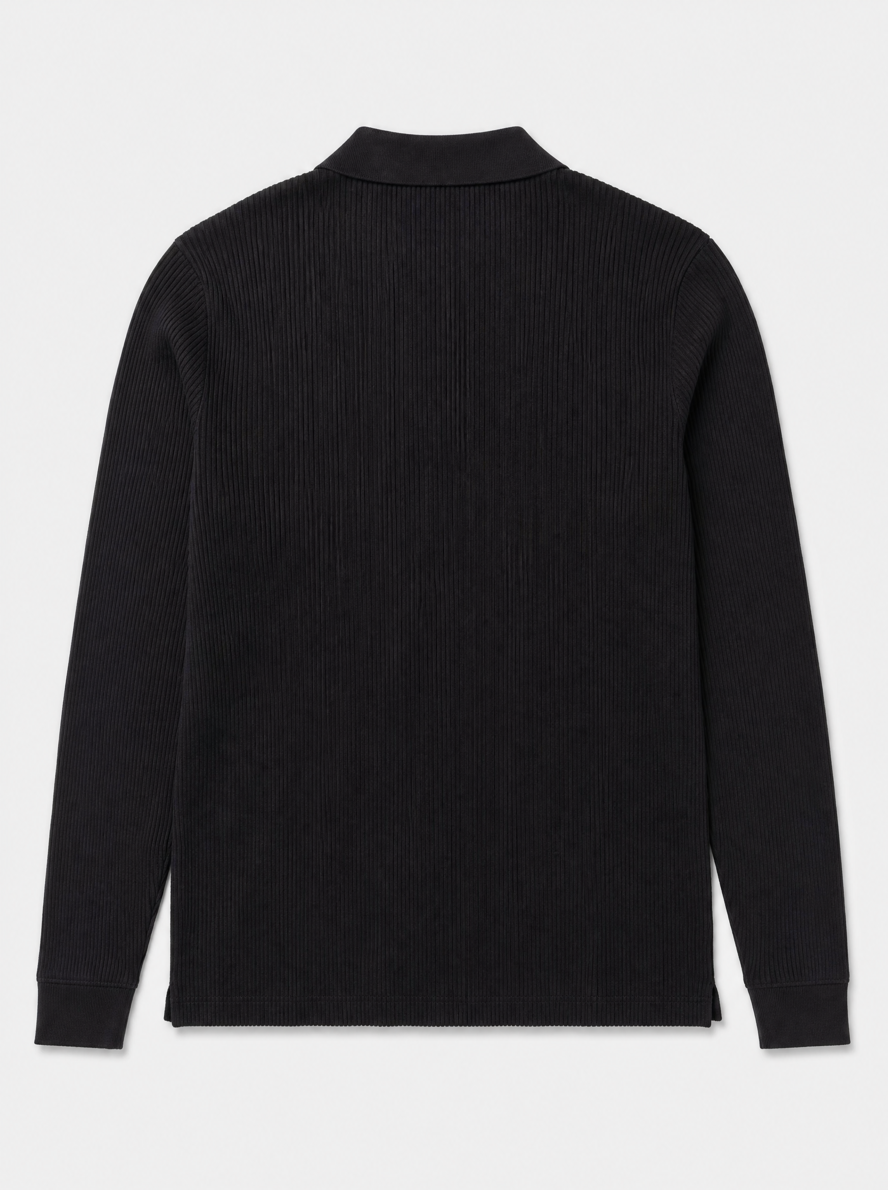 The Trani Polo — black ribbed knit cotton long-sleeve polo, back view