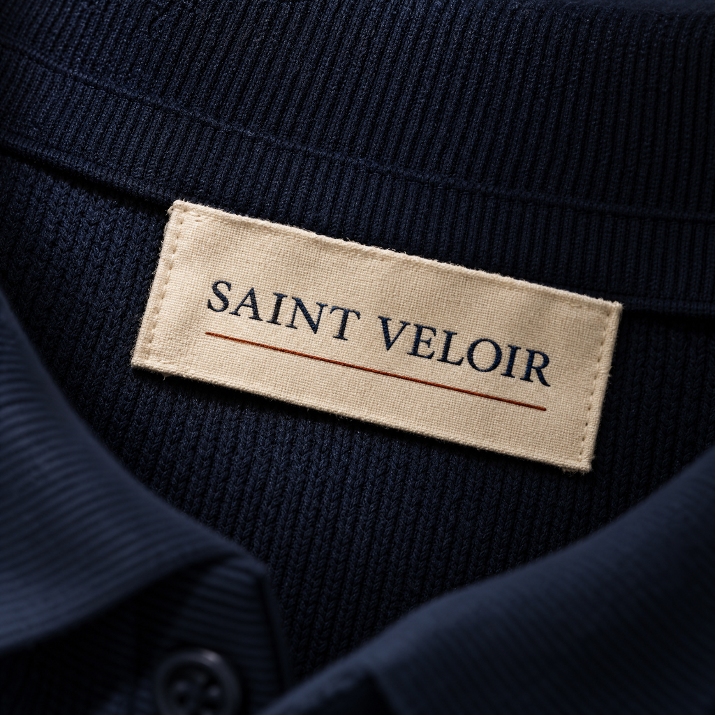 Saint Veloir woven label inside the back neckline of The Trani Polo