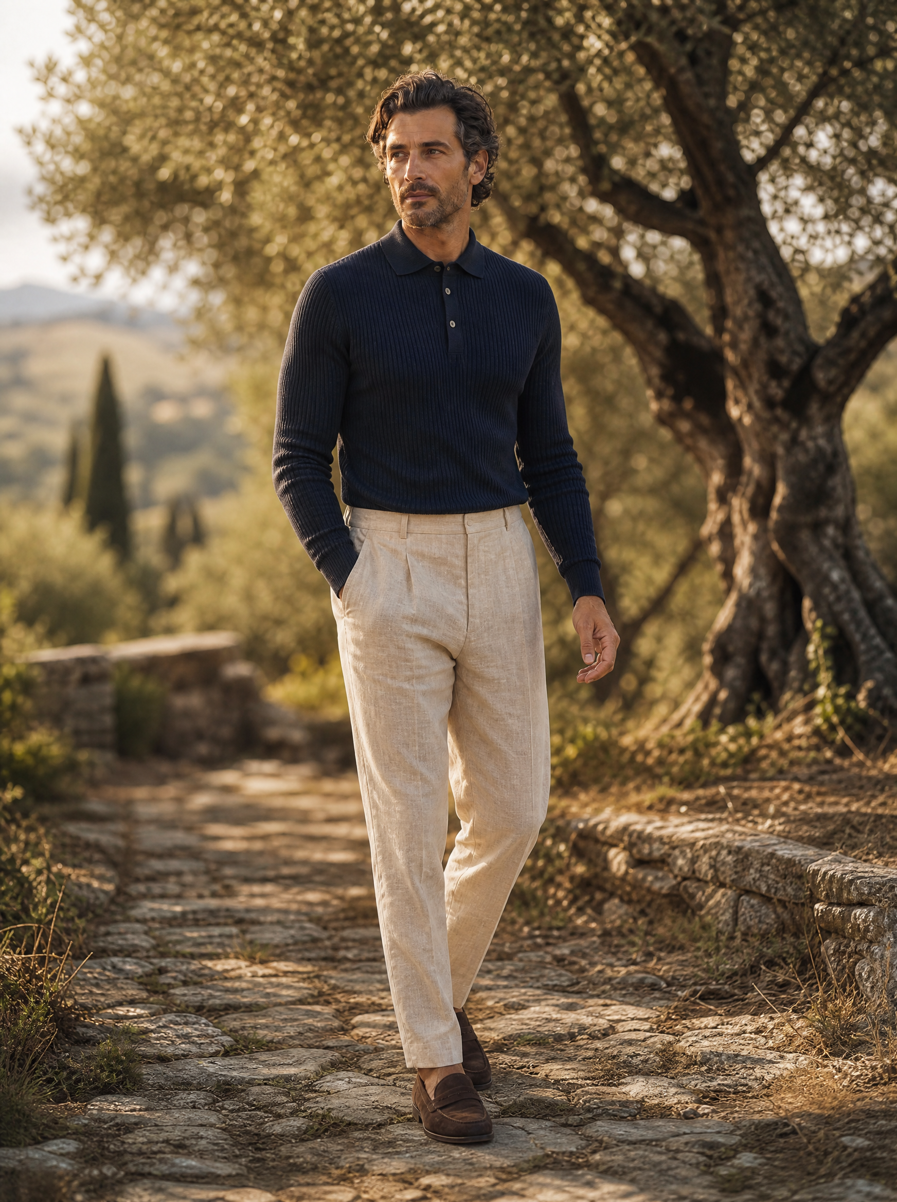 The Trani Polo worn by model walking through a Tuscan olive grove