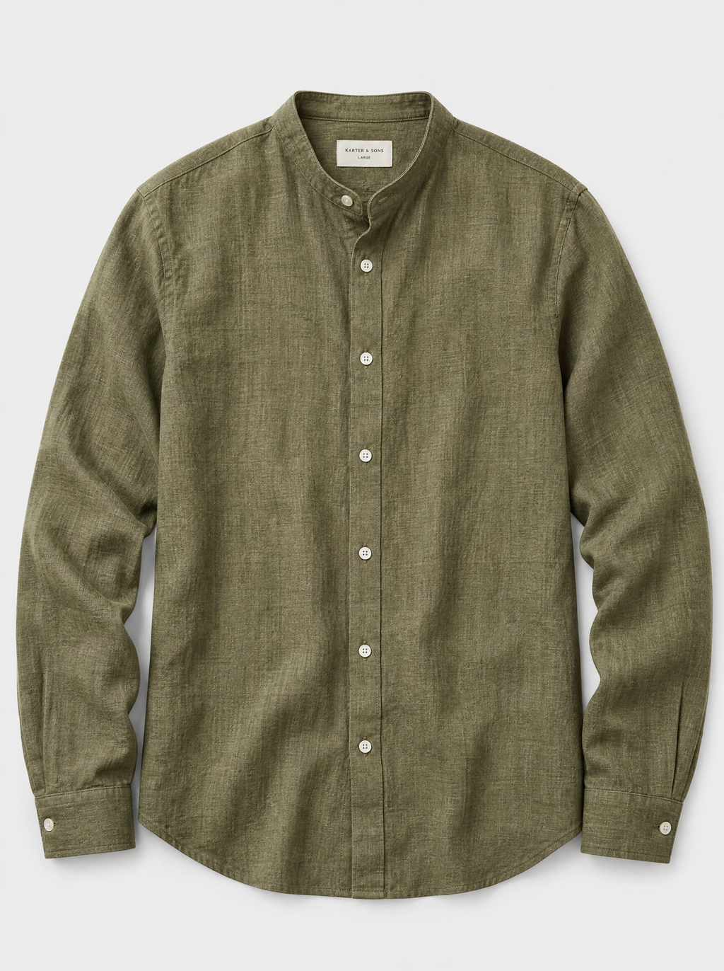 The Lipari Shirt — olive linen-cotton mandarin collar shirt, front view