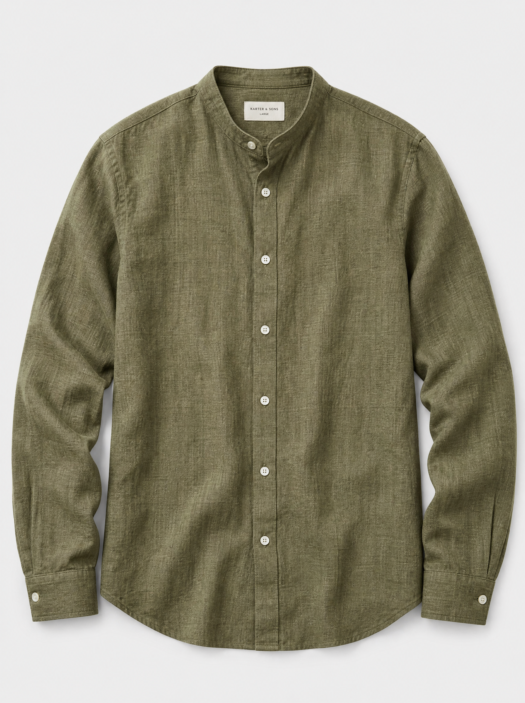 The Lipari Shirt — olive linen-cotton mandarin collar shirt, front view
