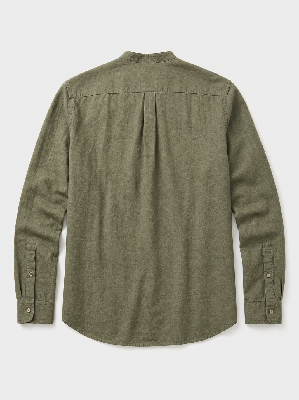 The Lipari Shirt — olive linen-cotton mandarin collar shirt, back view