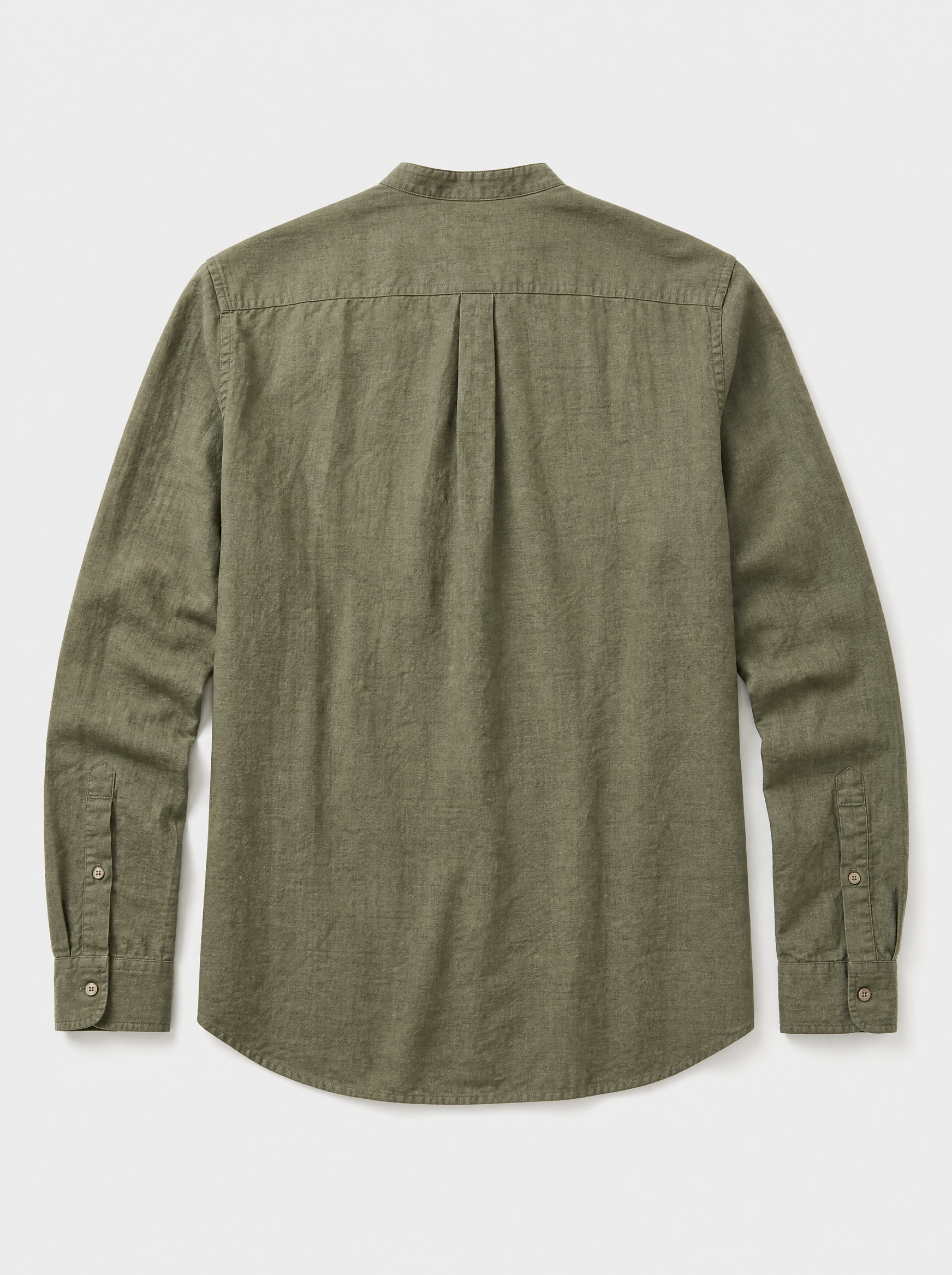 The Lipari Shirt — olive linen-cotton mandarin collar shirt, back view