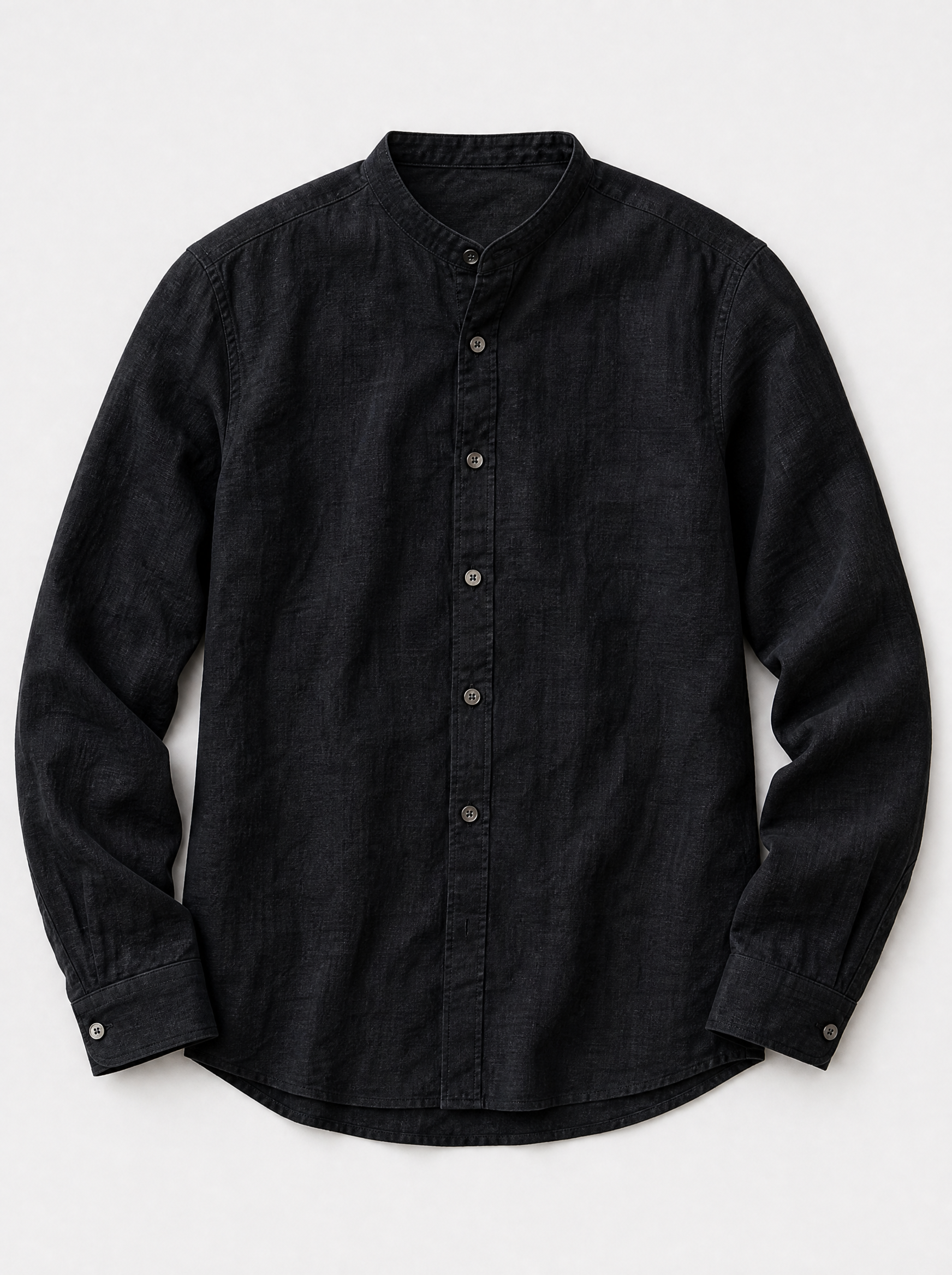 The Lipari Shirt — black linen-cotton mandarin collar shirt, front view