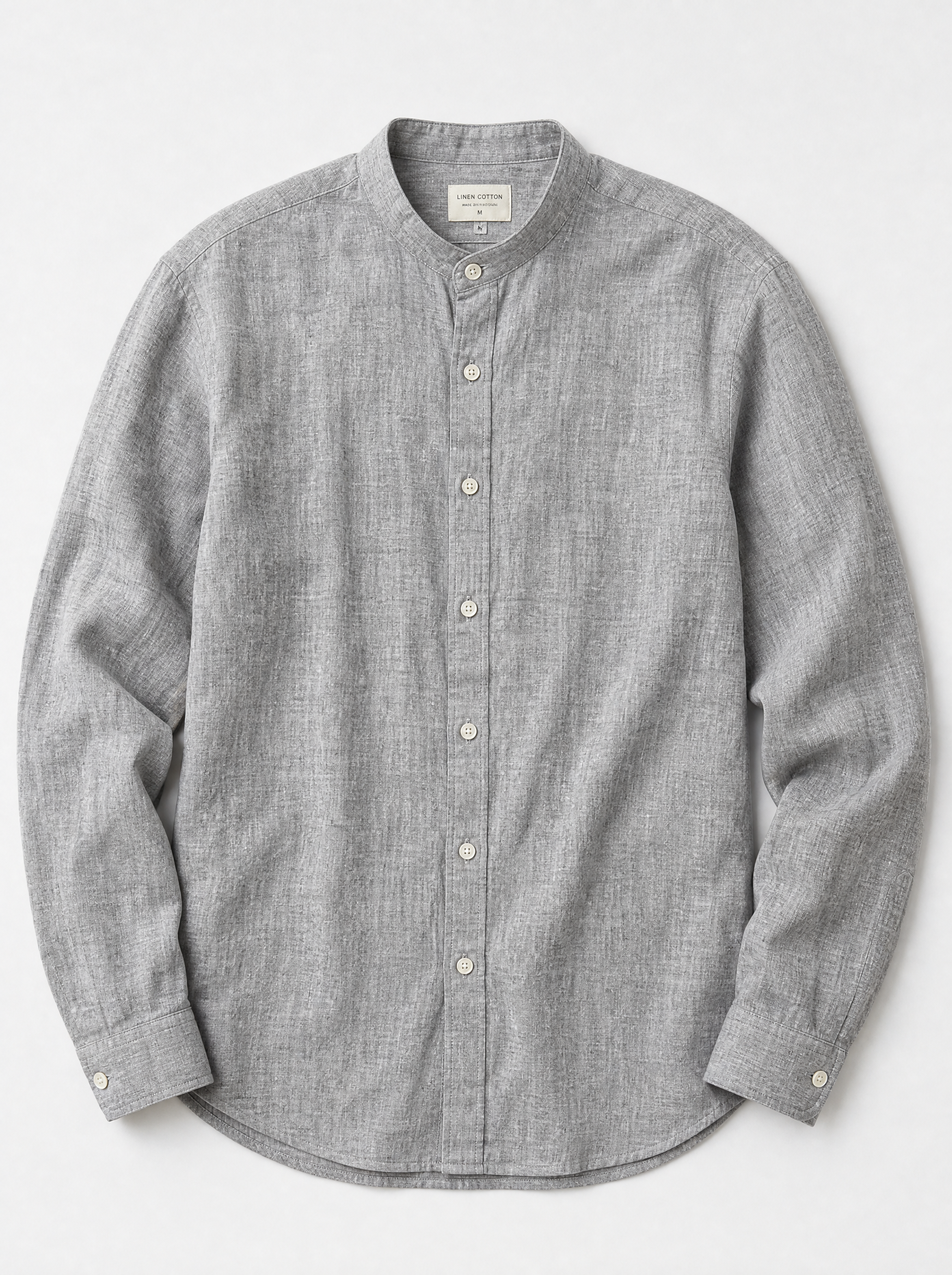 The Lipari Shirt — heather grey linen-cotton mandarin collar shirt, front view