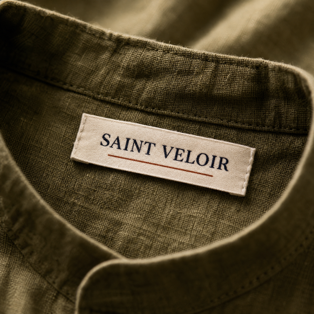 Saint Veloir woven label inside the collar of The Lipari Shirt