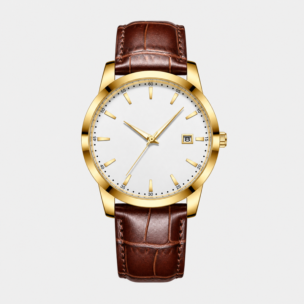 The Saint Veloir Timepiece — champagne gold case, white dial, cognac leather strap, flat-lay